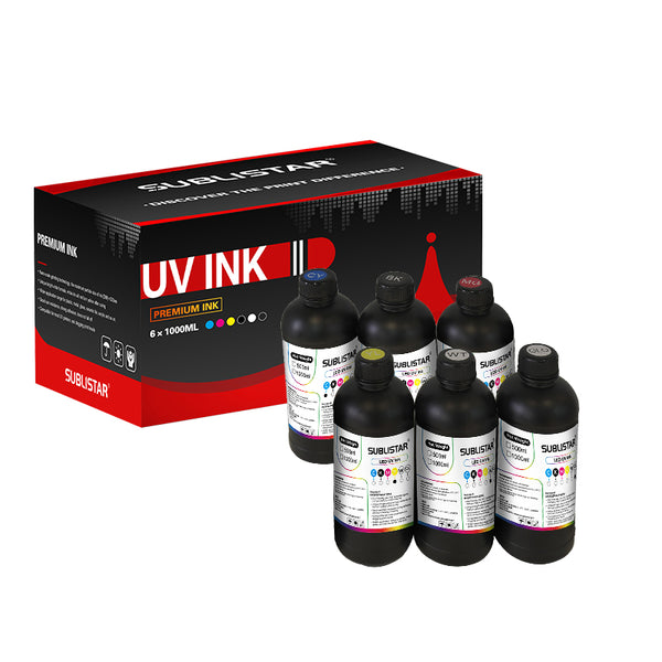 UV Ink Complete Set 6*1000ML for Printing Acrylic, Wood, Glass, Phone Cases, Souvenirs