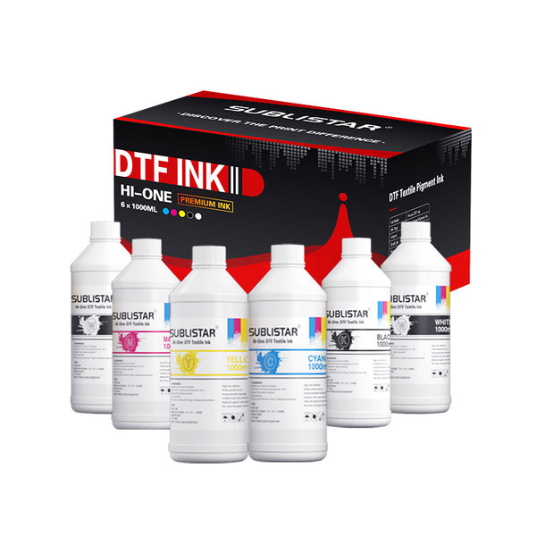 Hi-One DTF Printing Ink Combo Pack(1000ml x 6，C M Y BK + 2*W),DTF Transfer Ink with PET Film for I3200/ XP600/ I1600 Printerhead