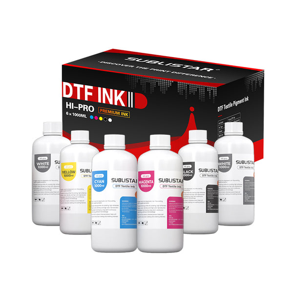 Combo Pack 1000ML*6 Bottles Hi-Pro Water-based DTF Ink (C M Y BK + 2*W), Refilled for Direct to Film Printers